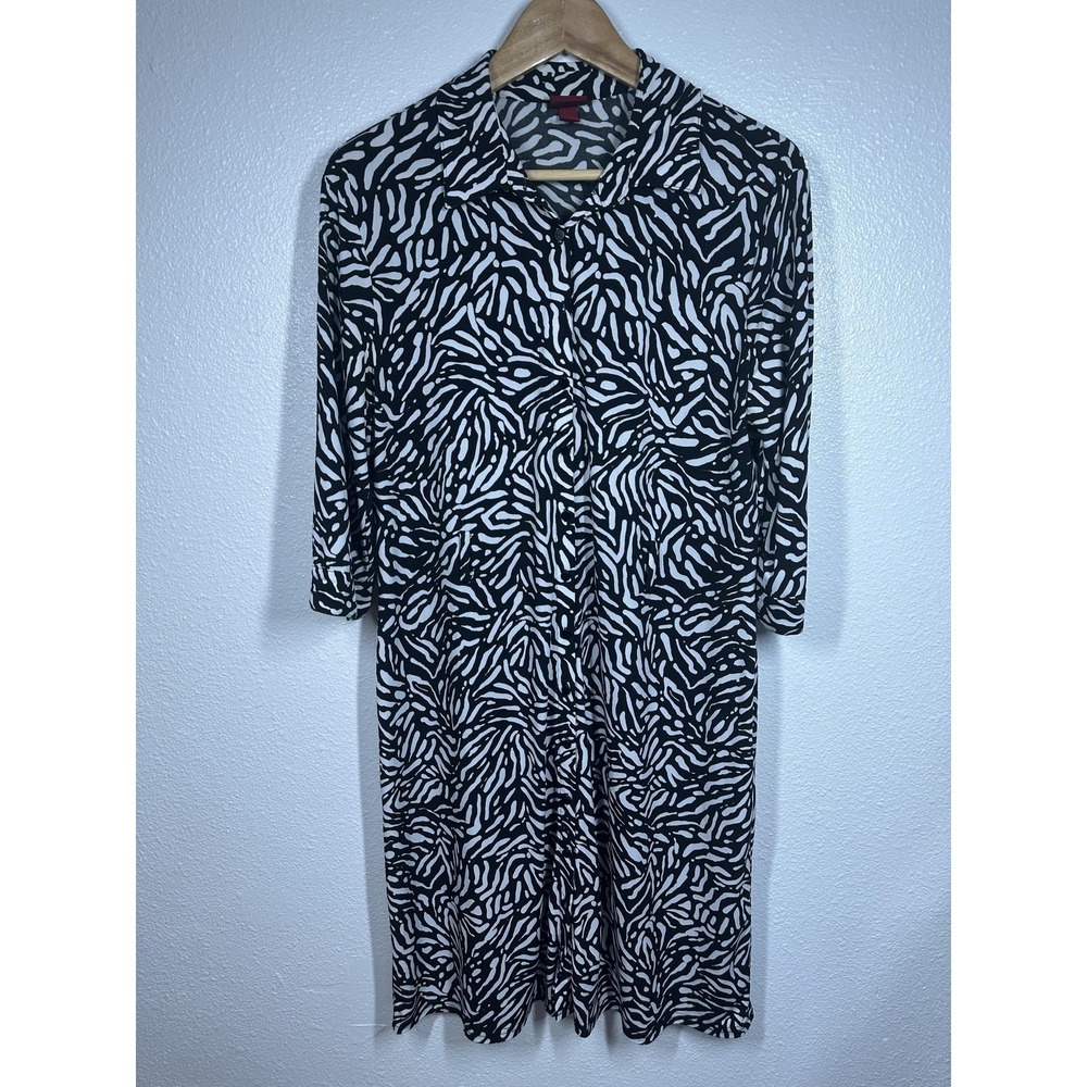 Merona Shirt Dress Womens Large Black White Animal Print 3/4 Sleeve Button Front